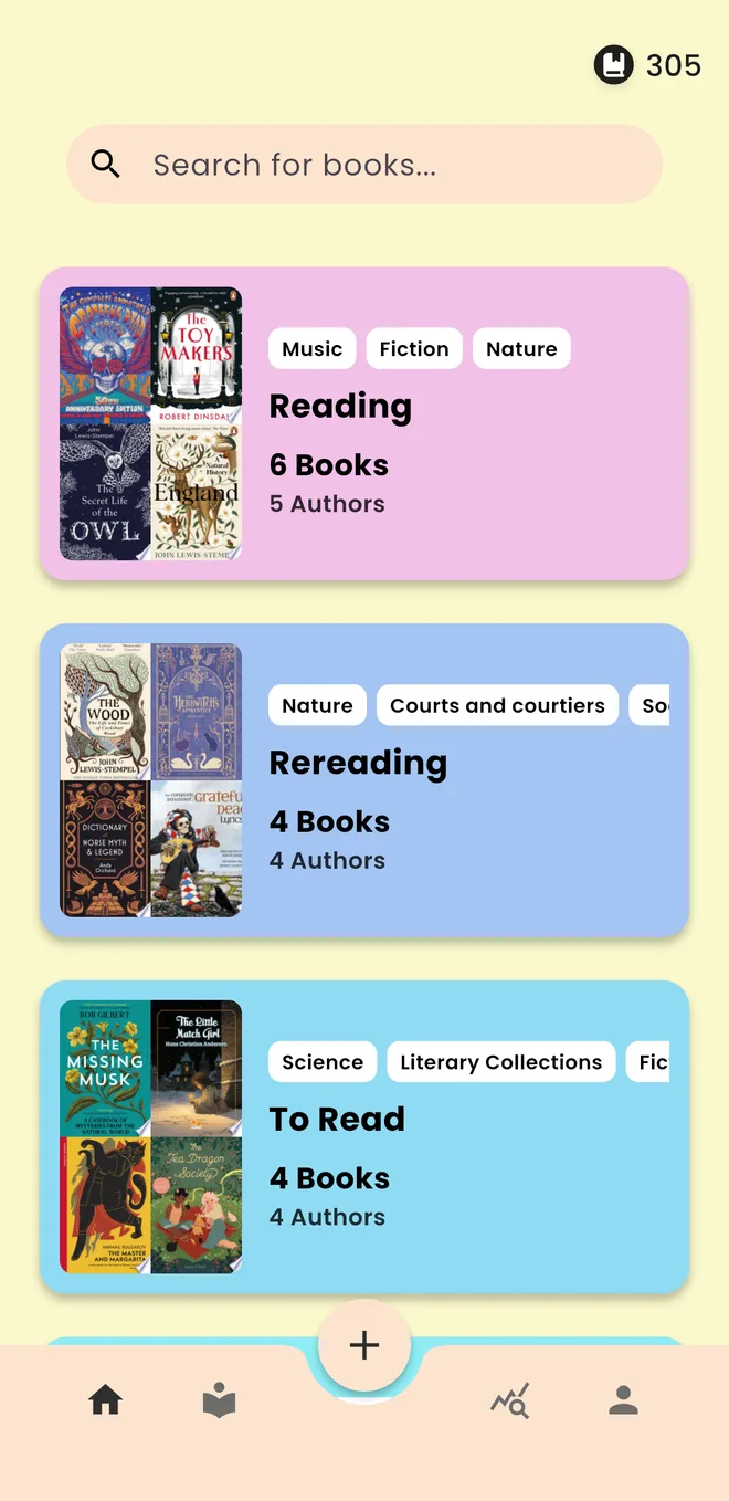 Vitaliber home screen showing Reading, Rereading and To Read shelves with book covers