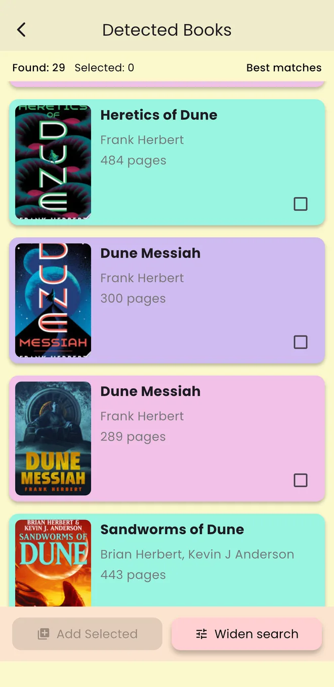Detected Books screen listing Dune titles found from a photo, each with a checkbox