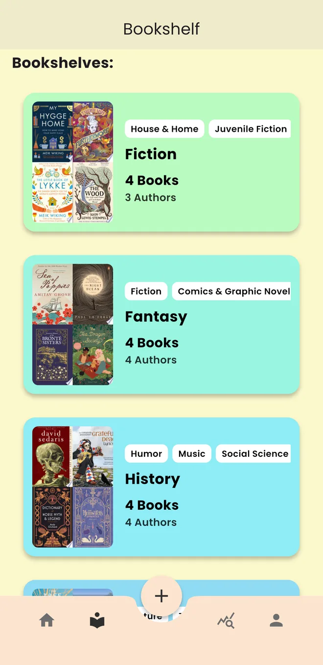 Bookshelf screen with Fiction, Fantasy and History shelves